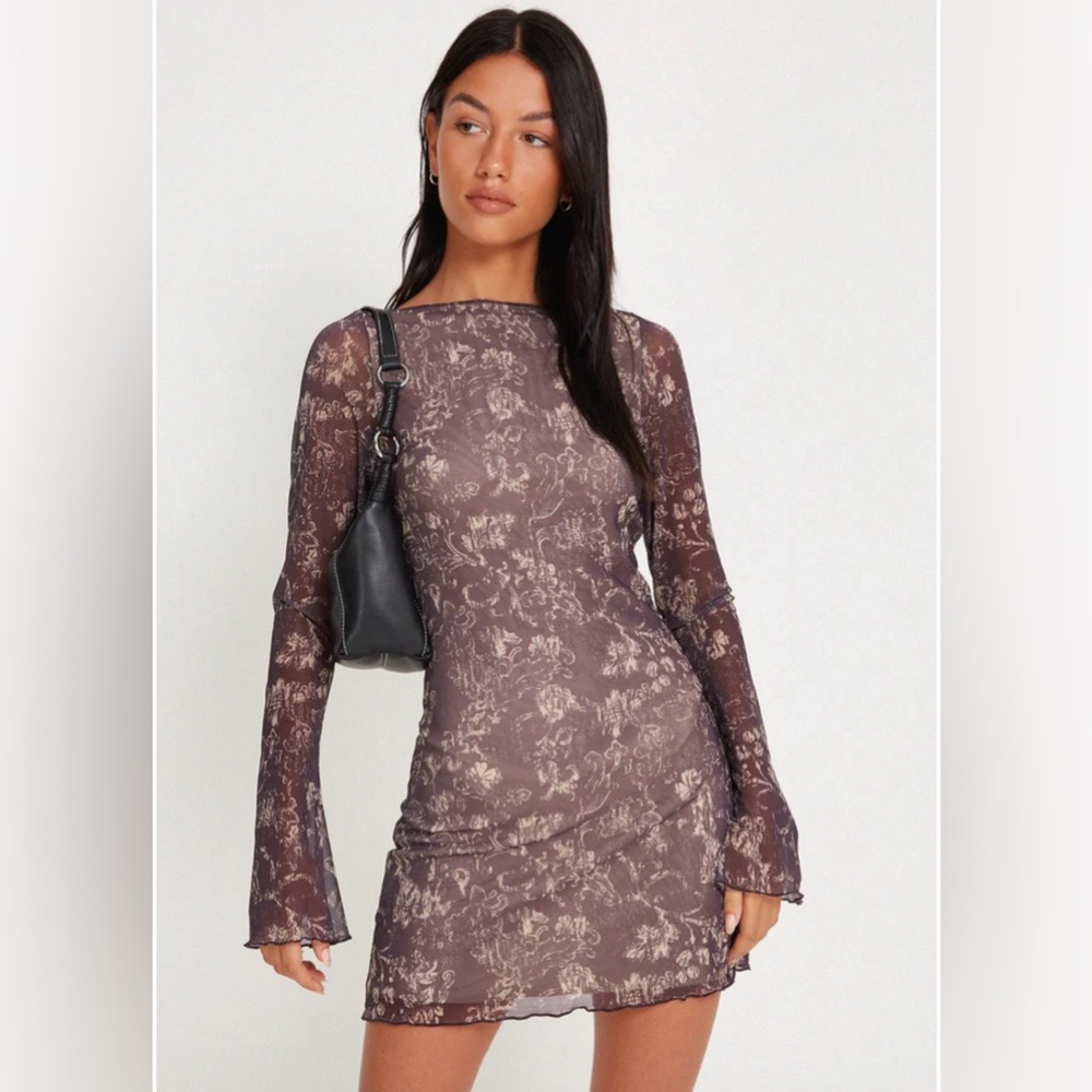 MOTEL: Sevila Long Sleeve Mini Dress In Botanical Dark Brown